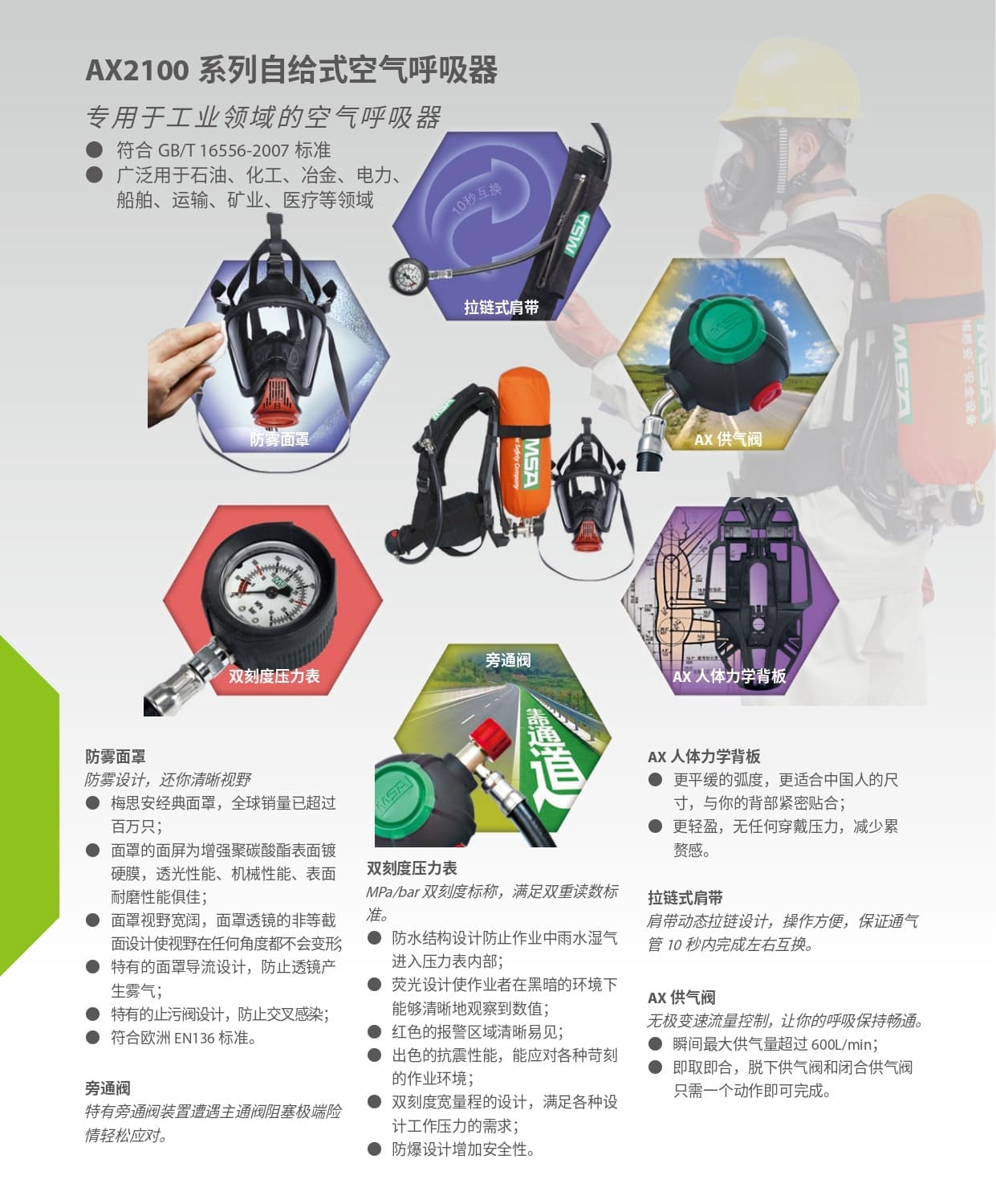 梅思安（MSA） SCBA 10167763 AX2100 空气呼吸器 （9L BTIC气瓶、无表、500C减压器、标准报警哨、三通中压管、AX压供阀、UE 面罩、橡胶头带、AX-B90CSYXURB0）